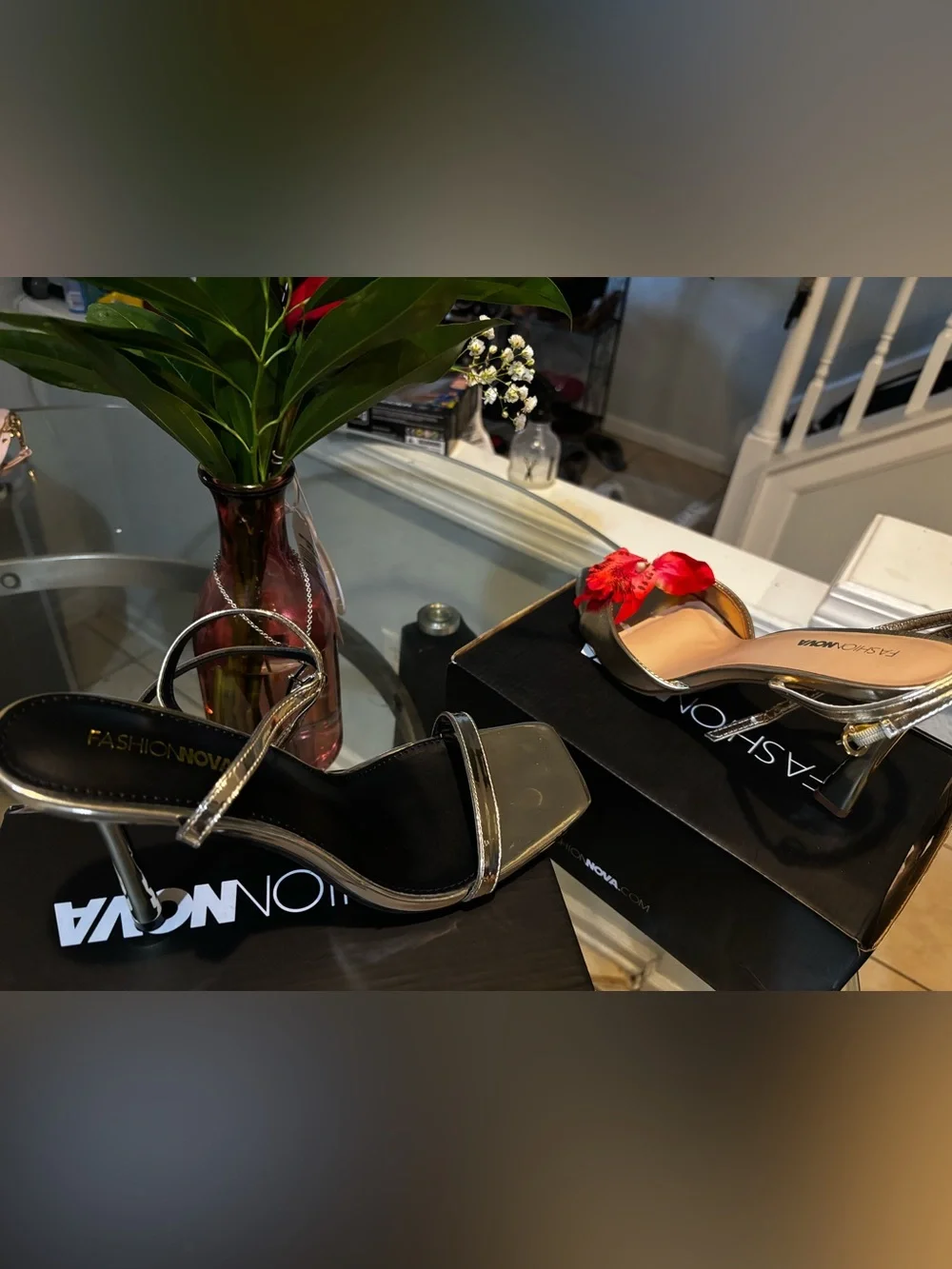 Fashion Nova Metallic Gold Slingback Heels with Red Bow